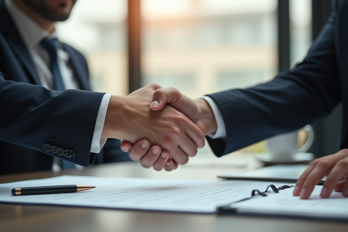 Deux personnes se serrant la main sur un contrat signé