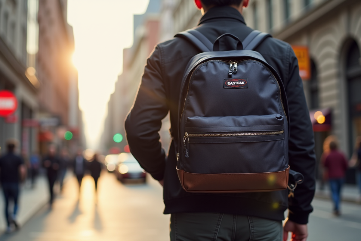 Sac Eastpak moderne porté dans une rue urbaine animée