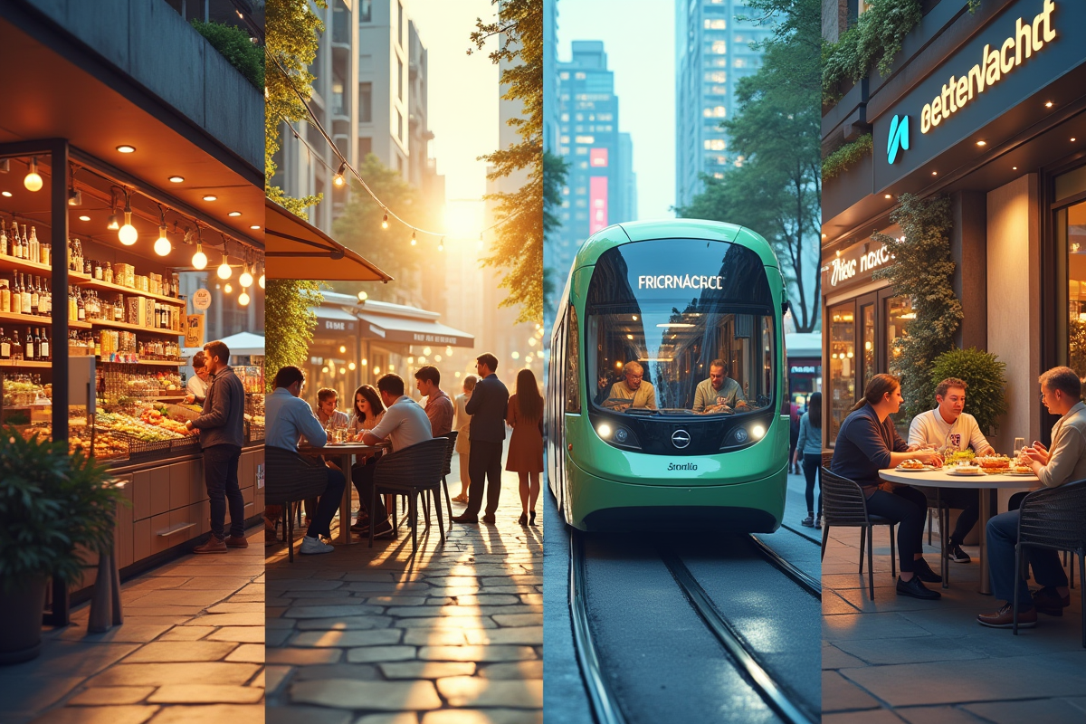 Scène urbaine divisée en quatre aspects de consommation moderne