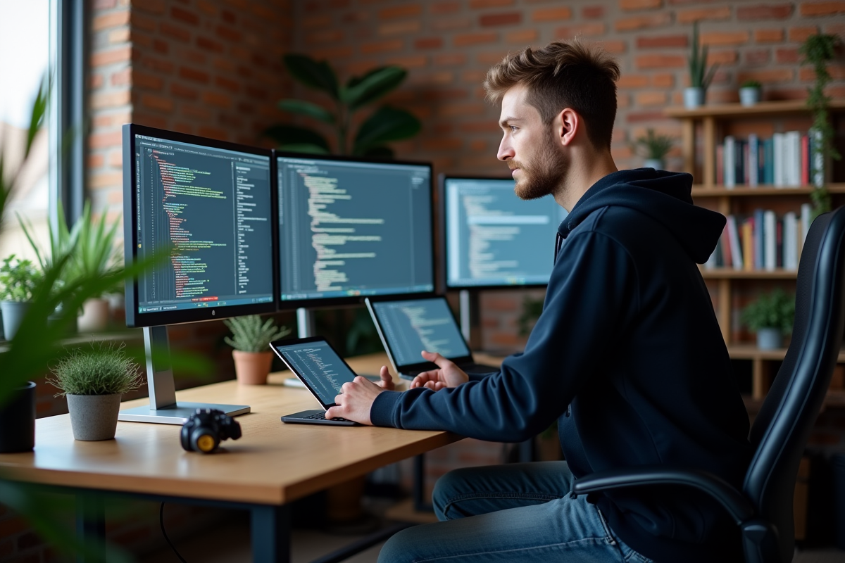 Jeune homme en télétravail avec écrans et tablette