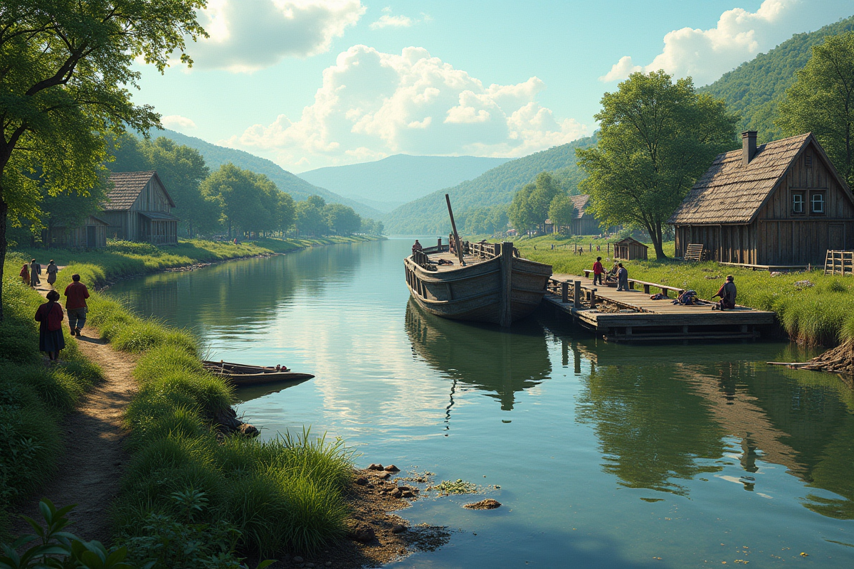 Village rural au bord de la rivière avec barge endommagee