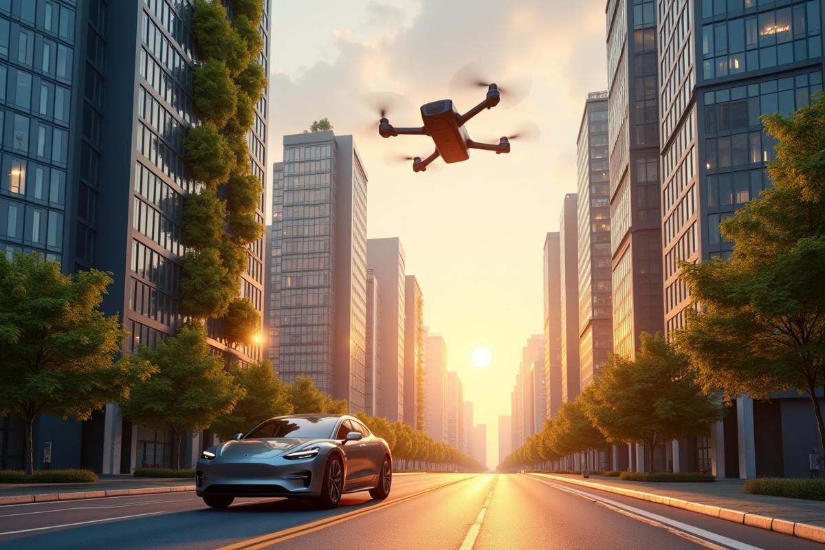 Ville au lever du soleil avec innovations urbaines modernes